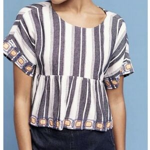 Anthropology Maeve Navy and White Embroidered Peplum Top